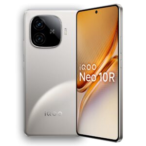 iQOO Neo 10R 5G smartphone in Moonknight Titanium, featuring a 50MP Dual Rear Camera and 32MP front camera.