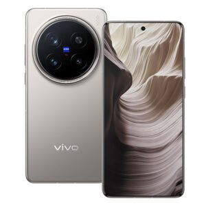 Vivo X200 Pro 5G smartphone in Titanium Grey, featuring a 200MP triple rear camera setup, 32MP front camera, 16GB RAM, 512GB storage, and 6,000 mAh battery.