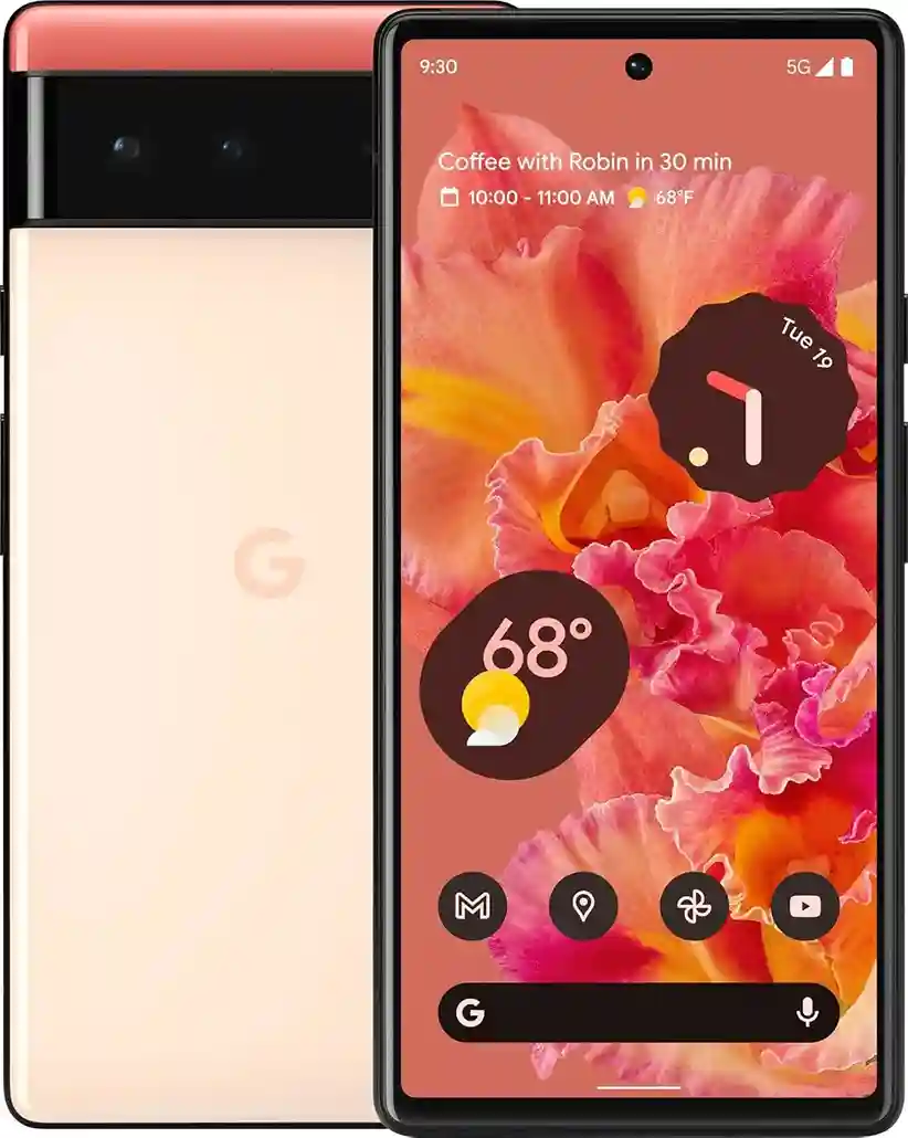 Front and back view of a Google Pixel 6 smartphone displaying a colorful floral wallpaper and weather widget on the home screen.