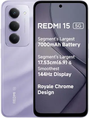 Purple Redmi 15 5G smartphone featuring claims of largest 7000mAh battery, 17.53cm (6.9") 144Hz display. Showcases Royale Chrome design