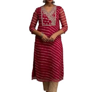 Elevate your wardrobe with INDO ERA Women Georgette Leheriya Printed Straight Kurtas