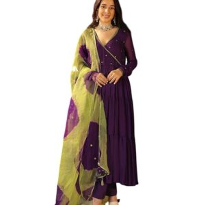 the beauty of the Women Georgette Solid with Minimal Embellishment Long Anarkali Kurti.