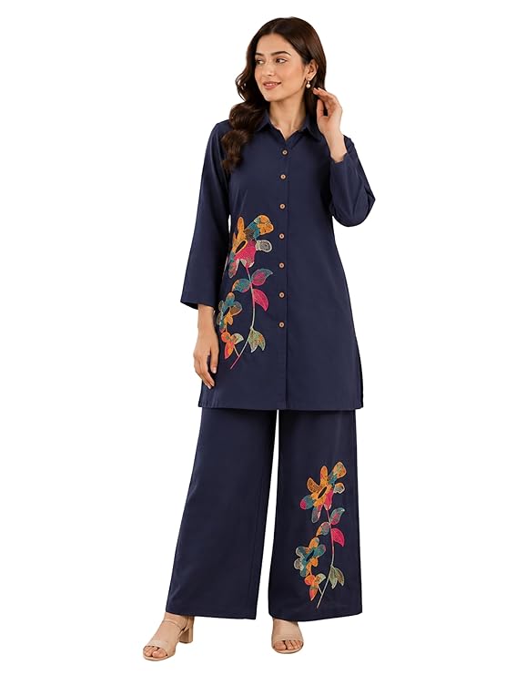 Woman wearing Lavisha Designs embroidered lightweight ethnic summer outfit