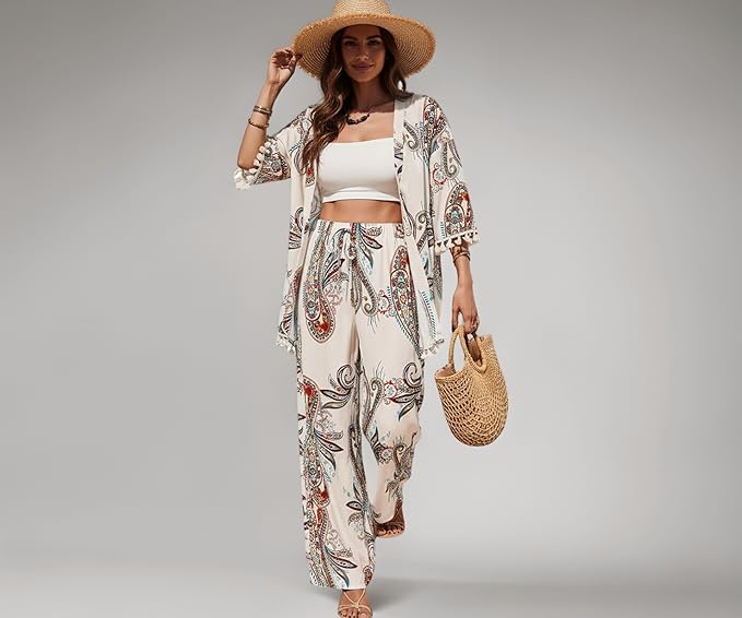 Woman wearing Leriya Fashion printed wide leg summer co-ord outfit under ₹800