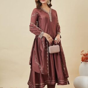 Flowy MOKOSH Anarkali kurta set featuring a vibrant floral pattern and a coordinating dupatta.