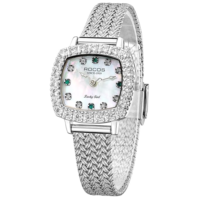 ROCOSJEWE luxury silver diamond women's watch with a mother-of-pearl dial and elegant square case for modern fashion.