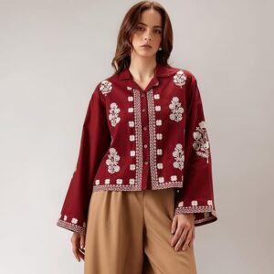 Bee M Pee embroidered Korean crop shirt with bell sleeves, a stylish Western top for college and casual office wear.