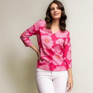 FableStreet floral V-neck women's top with three-quarter sleeves for stylish college and office wear.